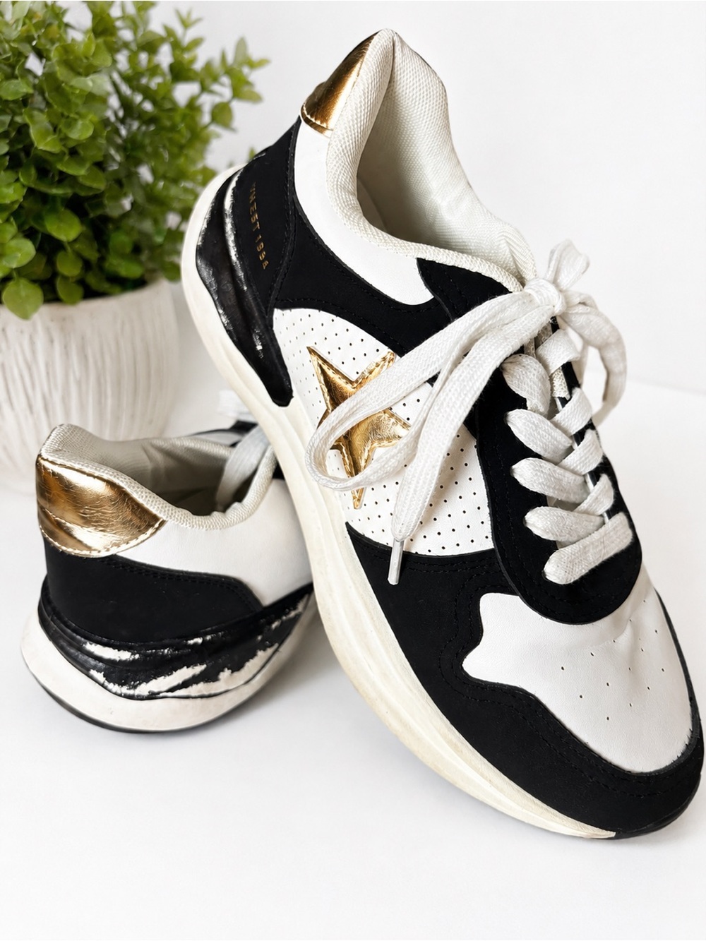 Vintage Havana Star Sneakers | Black White & Gold Platform Lace-Up Sneakers
